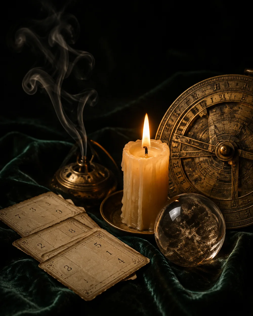 Una vela encendida junto a un astrolabio, una esfera de cristal y cartas de numerología